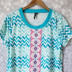 Aqua et Sol Blue Pink Short Sleeve Nylon Spandex Swim Dress Coverup Womens XL